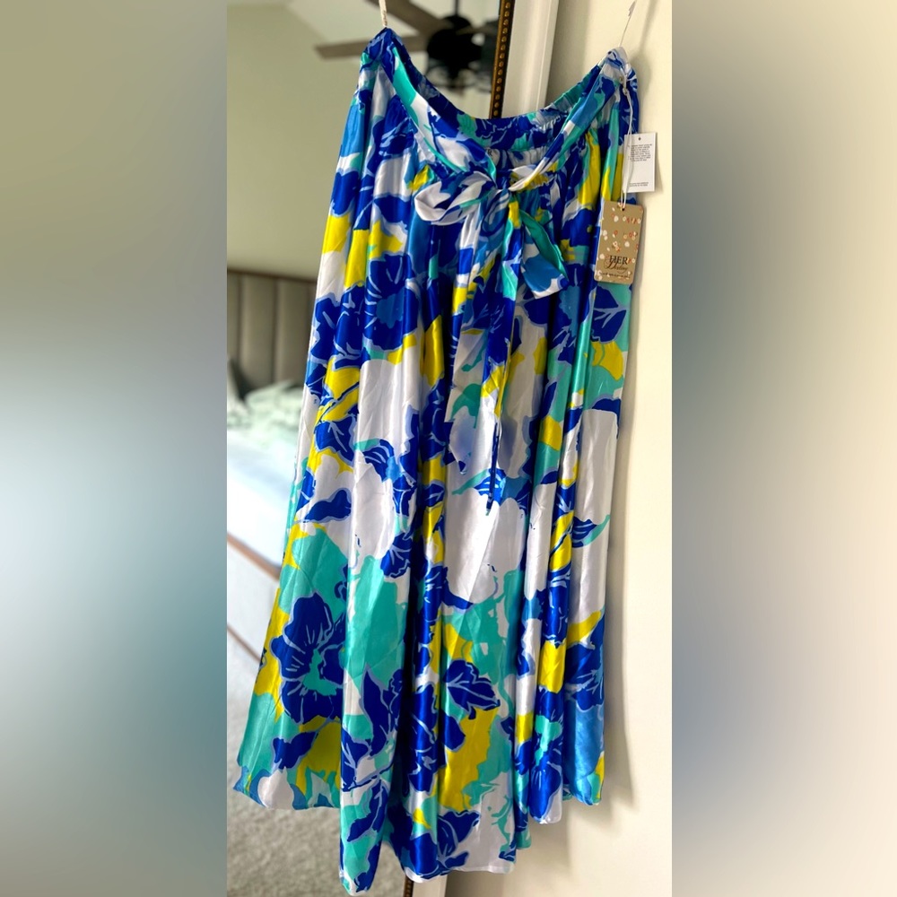 Her Destiny Silk Floral Midi Skirt Blue White A Line Women's Size XL